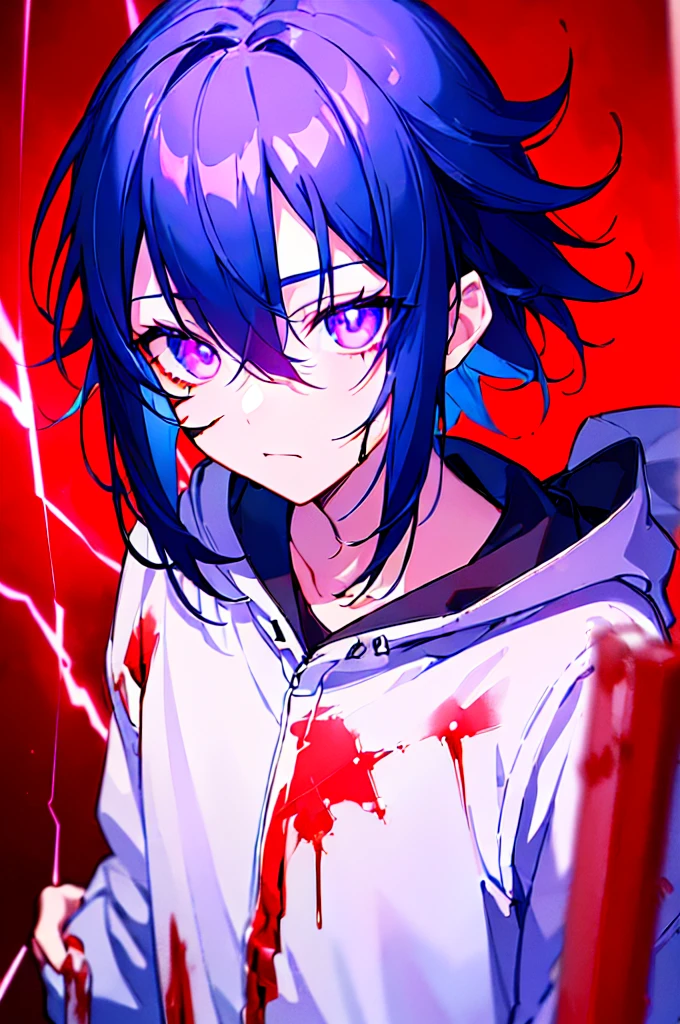 [(RED BACKGROUND:1.5),::5], ((((masterpiece)))), high quality, ultra very high resolution, full color, (((solo))), ((little boy)), black hair, ((blue colored inner hair)), ((purple eyes)), anime, ((upper body)), neon light, black parka, (lightning effect:1.2), (Blood effect:1.5)
