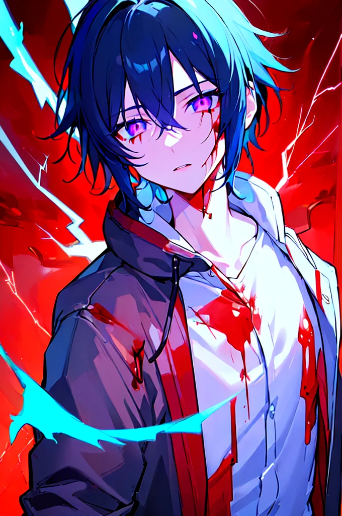 [(RED BACKGROUND:1.5),::5], ((((masterpiece)))), high quality, ultra very high resolution, full color, (((solo))), ((little boy)), black hair, ((blue colored inner hair)), ((purple eyes)), anime, ((upper body)), neon light, black parka, (lightning effect:1.2), (Blood effect:1.5)