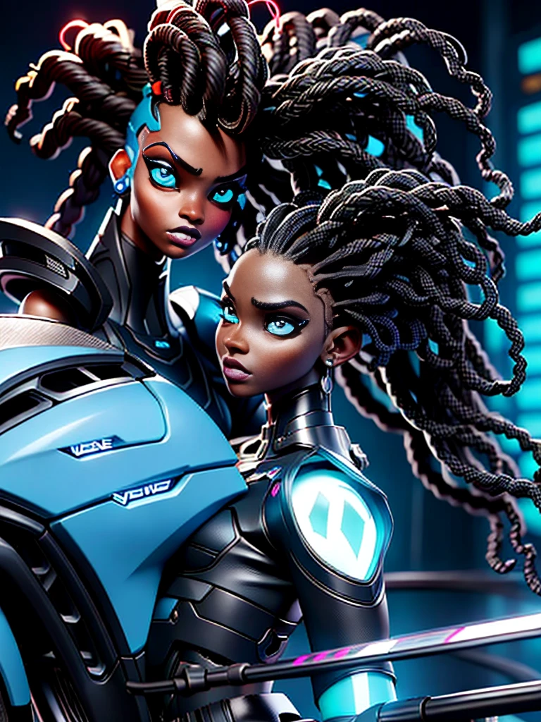 A striking black woman in a post-apocalyptic cyberpunk environment. She is next to a futuristic motorcycle, imposing and full of technological details. The woman has rich, deep skin, with ebony tones that glow under the scene's neon lighting. Her hair is a bold combination of dreadlocks and braids, decorated with metallic threads and small LEDs that blink softly, reflecting the colorful lights in the room. His face is sculpted with strong, elegant features, highlighting piercing eyes that glow with a cybernetic blue intensity. She wears metallic makeup, with silver shadows and lips painted an intense purple, adding a touch of mystery and power. His athletic body is encased in a futuristic combat suit made from synthetic and metallic materials. The look is a combination of black, silver and neon blue, with details that suggest high technology, such as embedded circuits and light panels. Plates of armor protect his shoulders, arms, and legs, while cables and wires connect to devices on his body, indicating a perfect fusion between human and machine. giving it a lively and dynamic appearance, Hyper Realistic, Cinematic.