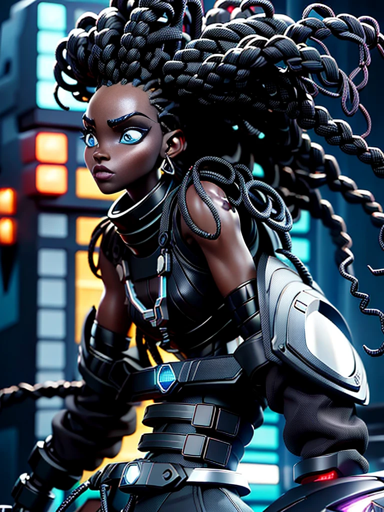 A striking black woman in a post-apocalyptic cyberpunk environment. She is next to a futuristic motorcycle, imposing and full of technological details. The woman has rich, deep skin, with ebony tones that glow under the scene's neon lighting. Her hair is a bold combination of dreadlocks and braids, decorated with metallic threads and small LEDs that blink softly, reflecting the colorful lights in the room. His face is sculpted with strong, elegant features, highlighting piercing eyes that glow with a cybernetic blue intensity. She wears metallic makeup, with silver shadows and lips painted an intense purple, adding a touch of mystery and power. His athletic body is encased in a futuristic combat suit made from synthetic and metallic materials. The look is a combination of black, silver and neon blue, with details that suggest high technology, such as embedded circuits and light panels. Plates of armor protect his shoulders, arms, and legs, while cables and wires connect to devices on his body, indicating a perfect fusion between human and machine. giving it a lively and dynamic appearance, Hyper Realistic, Cinematic.