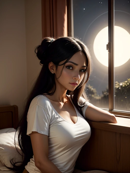 35 year old female, longye hair, neutral expression, traços ocidentais, camisola branca, sentada na cama, dark bedroom, moonlight shining through the window 