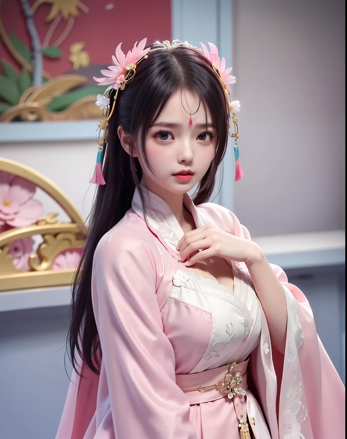 (8k, RAW photo:1.2), best quality, ultra high res,dramatic angle,(fluttered detailed color splashs), (illustration),(((1 girl))),(long hair),(rain:0.9), (Headdress:1.4),There is an ancient palace beside the girl,Hanfu,(Key Points),Color ink painting,(Splash of Color),Splash of Color,(((colorful))),(sketch:0.8) , Masterpiece, best quality, beautiful painted, highly detailed,(denoising:0.6),[splash ink],((ink refraction)), (beautiful detailed sky),moon,highly,detaild,(masterpiece, best quality, extremely detailed） CG Unity 8k Wallpaper，masterpiece，best quality，Ultra Detailed），（Lycoris）. hanfu open v   open V-chested clothes Thin silk lace dress , (huge ，cleavage),, white pink, blue ，best qualtiy，tmasterpiece，Ultra-high resolution，（Reality：1.4），RAW photogr，（True skin texture：1.3），（filmgrain：1.3），（Selfie angle），1个Giant Breast Girl，Beautiful eye and face details，tmasterpiece，Best quality at best，，The chest more exposed， detailed hair, bra pink , detail 8k, full body, lace petticoat, fan handle