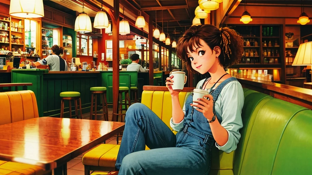 Highest quality、Retro worldview、A girl listening to jazz in a cafe、90s Fashion、American