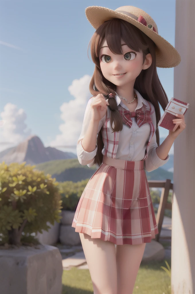 masterpiece, high quality best quality,1girl, bangs, beach, blue_sky, blush, bow, breasts, checkered, checkered_shirt, checkered_skirt, cloud, cloudy_sky, collarbone, day, envelope, giving, grass, hair_bow, heart, holding, holding_letter, horizon, incoming_gift, kazami_yuuka, leaning_forward, lens_flare, letter, light_rays, long_hair, looking_at_viewer, love_letter, mountain, mountainous_horizon, ocean, outdoors, plaid, plaid_background, plaid_bikini, plaid_bow, plaid_bowtie, plaid_bra, plaid_dress, plaid_headwear, plaid_jacket, plaid_legwear, plaid_necktie, plaid_neckwear, plaid_panties, plaid_pants, plaid_ribbon, plaid_scarf, plaid_shirt, plaid_skirt, plaid_vest, pov, shirt, skirt, sky, smile, solo, sun, sunbeam, sunlight, tree, unmoving_pattern