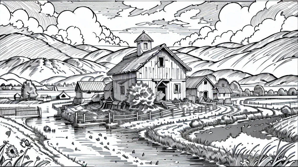 "Illustration of a farm scene with a windmill on the left, barn on right, hills in the middle, cloud, the sun smiled, and rainbows in the sky. In front of, there are sheep in the pen, cow, chicken with three chicks, and the chicken near the egg. Vegetables (carrot, good), Barrow, seed bag/fertilizer, sunflower, the Apple tree, and irrigation canals are also visible. This rural atmosphere is educational and fun."