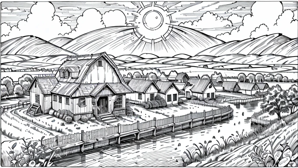 "Illustration of a farm scene with a windmill on the left, barn on right, hills in the middle, cloud, the sun smiled, and rainbows in the sky. In front of, there are sheep in the pen, cow, chicken with three chicks, and the chicken near the egg. Vegetables (carrot, good), Barrow, seed bag/fertilizer, sunflower, the Apple tree, and irrigation canals are also visible. This rural atmosphere is educational and fun."