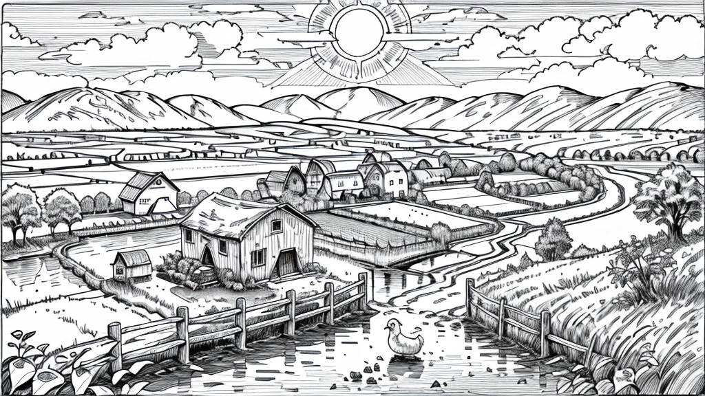 "Illustration of a farm scene with a windmill on the left, barn on right, hills in the middle, cloud, the sun smiled, and rainbows in the sky. In front of, there are sheep in the pen, cow, chicken with three chicks, and the chicken near the egg. Vegetables (carrot, good), Barrow, seed bag/fertilizer, sunflower, the Apple tree, and irrigation canals are also visible. This rural atmosphere is educational and fun."