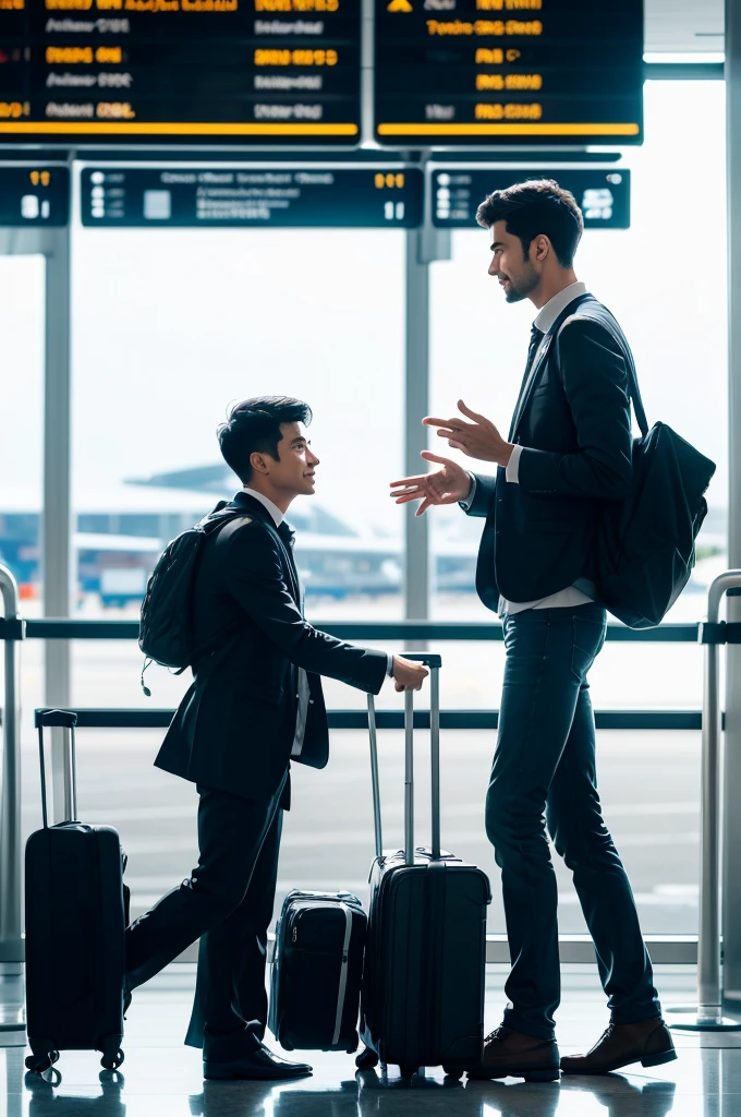 Man and man chatting inside an airport.