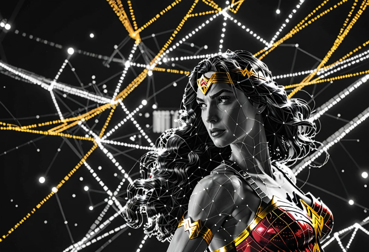 dataviz style, black and white network data visualization in the shape of Wonder Woman, masterpiece , hyper detailed, unreal engine, dark red and gold tones, stars, point cloud, luminous light effects , glowneon