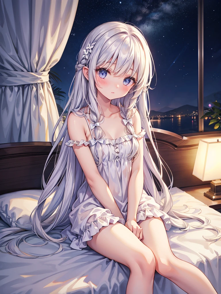 1girl, in sleeping night gown, white night gown, long silky hair, looking bashful at viewer, tucking hair behind ear, looking up, sitting on bed,
