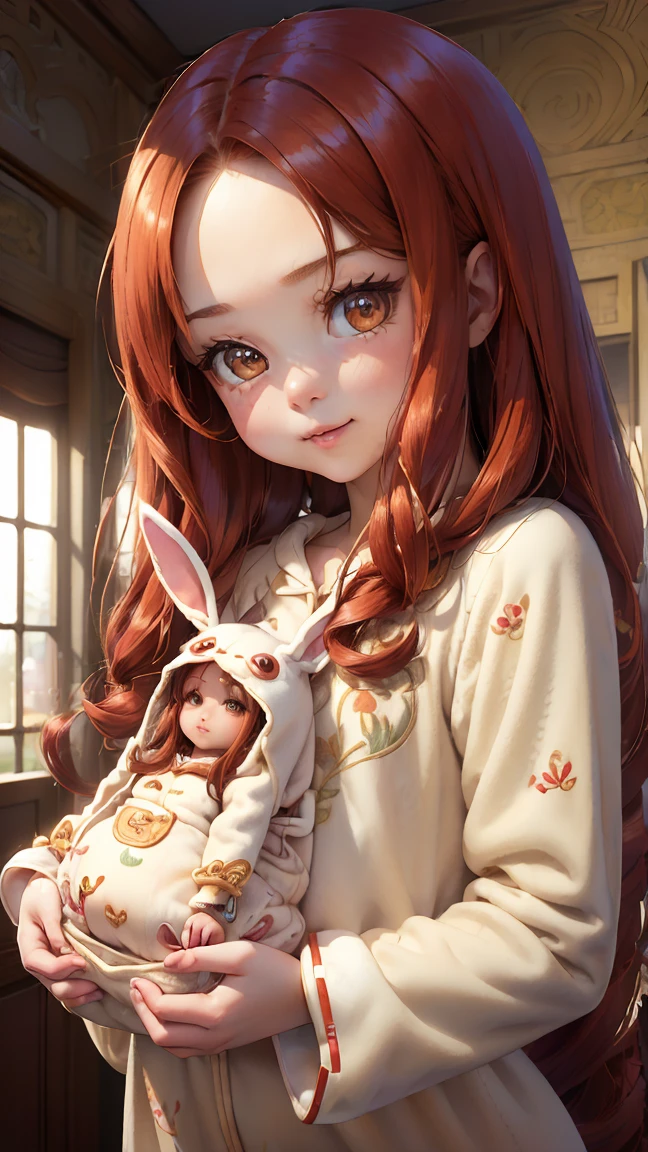 Young girl, (8 years old), (little body, small height), (petite girl: 1.35), (adorable face), (big forehead: 1.2), she has a long flowing hair, (red hair: 1.35), (long hair: 1.35), asian features, (brown eyes: 1.35), brown light eyes, (white skin: 1.35), beautiful detailed eyes, cute young girl, (flat chest: 1.35), (((kigurumi, onesies,bunny pajama,Hooded Pajamas,Animal Pajamas))),((slippers)),(((intricate pajama,embroidered pajama,ornate pajama))), high resolution, (detailed clothes), (bedroom, messed bedroom, warm light background), (detailed background), (full detailed 8k), (perfectly detailed face), (enhance anatomy), vfx, highres, sharp, focus, (photorealistic artwork: 1.35), (extremely detailed CG unity 8k wallpaper), (vibrant colors, vibrant theme), (dynamic pose: 1.5), cool vibes, fashion girl, happy, expression, coquette, playful attitude, smiling, happy, adorable small girl, (small girl: 1.35), (perfectly shaped body), sleepy girl