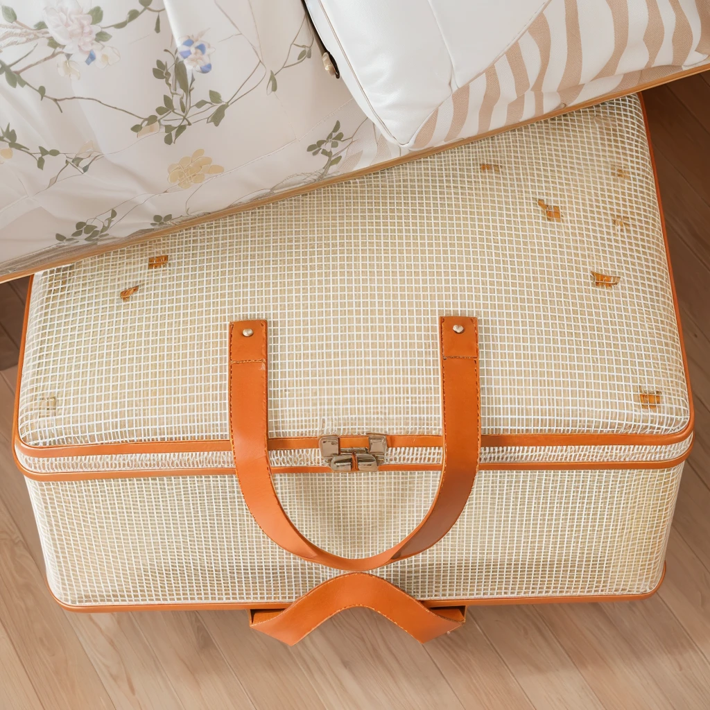 床边的地板上放着一个luggage箱, in suitcase, Bottom Angle, Alexandra Fomina, easy going, Designed for comfort and aesthetics!, Retro Style, luggage, High quality details, High quality detailss, Highly detailed composition, By Anita Malfatti, Very detailed product photos, the handbag is over a wood table, Near Angle, Perfect details