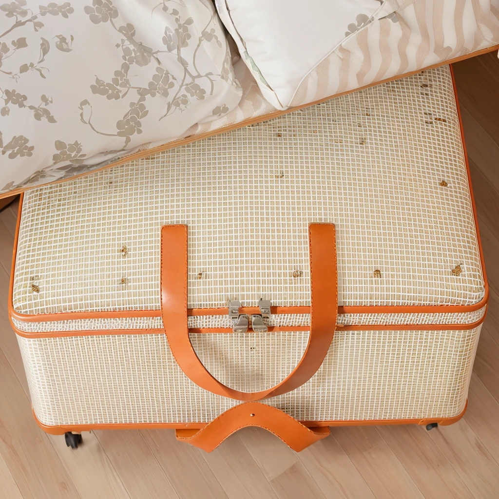 床边的地板上放着一个luggage箱, in suitcase, Bottom Angle, Alexandra Fomina, easy going, Designed for comfort and aesthetics!, Retro Style, luggage, High quality details, High quality detailss, Highly detailed composition, By Anita Malfatti, Very detailed product photos, the handbag is over a wood table, Near Angle, Perfect details