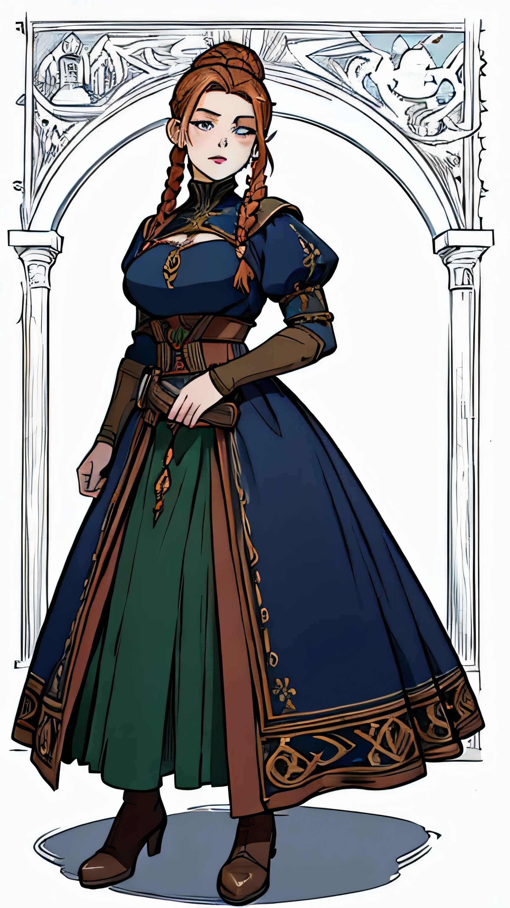 reddish blonde hair, green eyes, braided hair in a bun, medieval fantasy character, bobbed hair, full lips, medium breast, girdle, beautiful face, 8k, masterpiece, elegant, medieval fantasy dress, dark blue dress, FANTASY DWARF, colored lineart, , best quality, hi-res, hi-resolution