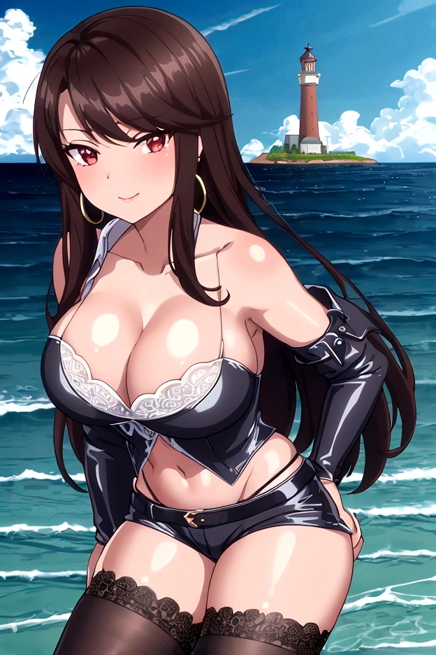 ((masterpiece)),(Highest quality),Official Art,Extremely detailed CG,unity 8k wallpaper,Very detailed,Lighthouse on top of a cliff by the sea,One Girl,alone,Up to the knees,(Portraiture:1.2),Cleavage,Long Hair,leather shorts,Brown Hair,jewelry,Bare shoulders,Hoop Earrings,Lace Top Stockings,belly button,Red eyes,Brown eyes,Black Midriff,Large Breasts,Black Hair,Knee-high boots,
