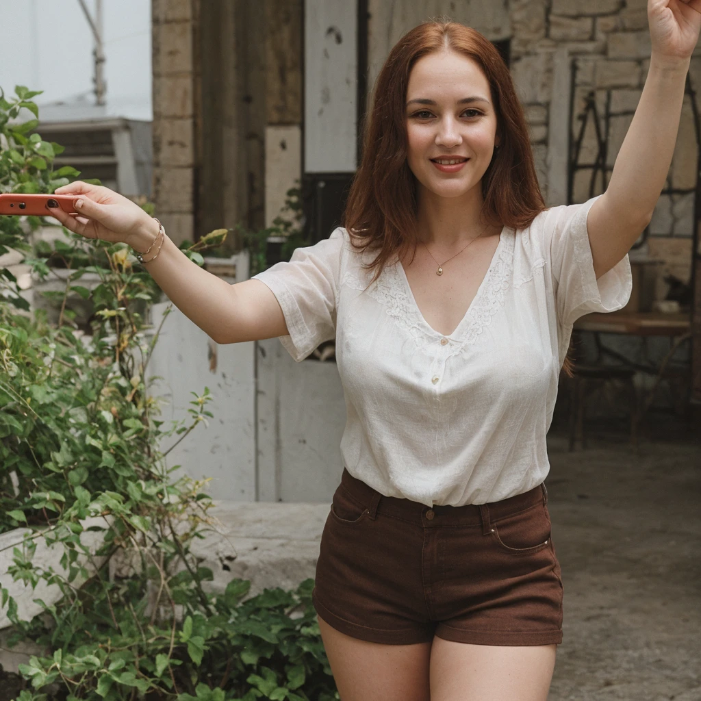1 girl, solo, Caucasian, Old woman, mature, her name is Sophia, ((consistent face and image)), (((60 years old woman))), (((wrinkles))), ((long red hair)), ((fair skin)), ((round face)), ((short roman nose)), ((brown plump lips)), ((full body)), ((half body shot)), (((sexy and chubby body))), (((wearing shorts and blouse))), (at Portugal), smirk, (selfie), ((summer season)), 