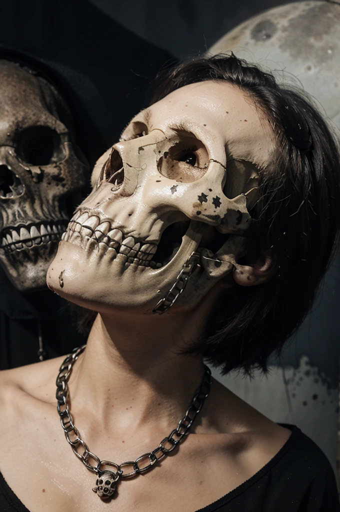 watercolor painting of a skull looking upwards looking at the dark moon, its neck bones chained by a large iron chain
