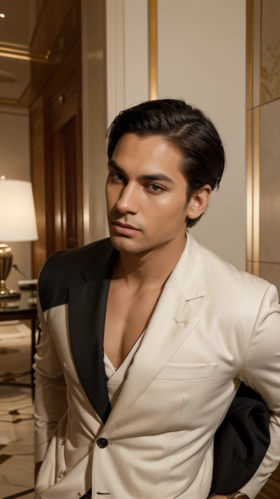 A handsome and attractive man with a more masculine appearance, short straight hair slicked back, brown eyes, and lightly tanned skin. He has a slightly fuller face and a build that is slightly above average weight, but with discrete, well-defined muscles. He is dressed in a classic, luxurious black blazer, white shirt, and a red tie, exuding power and confidence. The setting is a classic yet modern environment, predominantly white and bright, featuring high-end elements like grand chandeliers, marble floors, and opulent furniture. The overall atmosphere is sophisticated, clear, and modern, emphasizing wealth and luxury. His face is highly realistic, capturing fine details and lifelike expressions