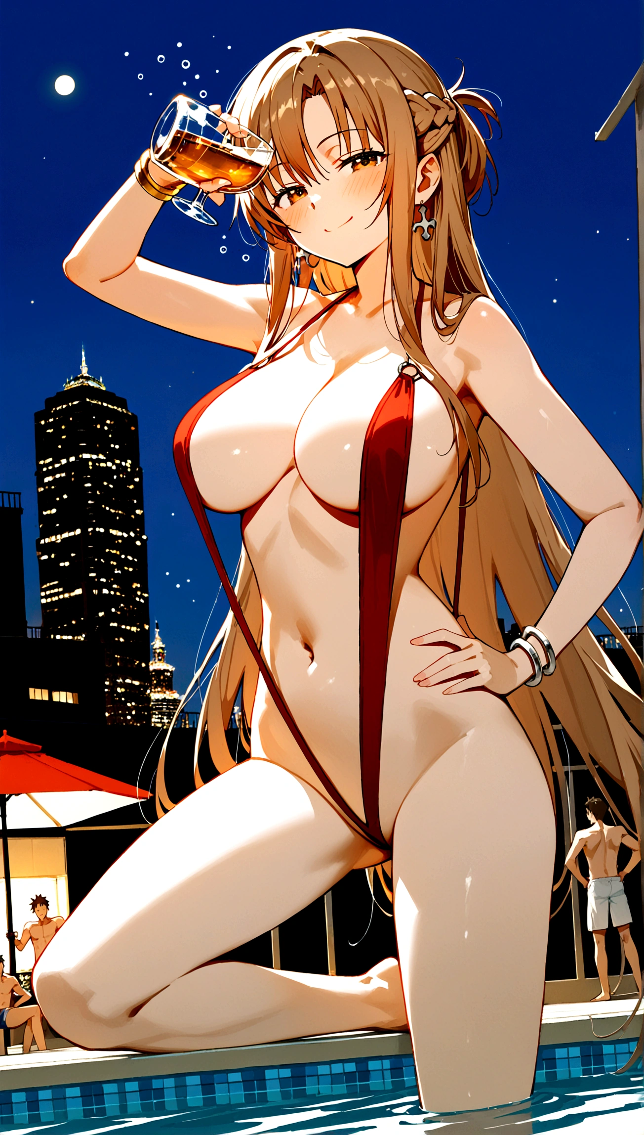 score_9,score_8_up,score_7_up,18 year old,female focus,1girl,asuna \(sao-alo\), sword art online,yuuki asuna,,brown eyes, brown hair, long hair, bangs, braid,standing on one leg,legs up,hand on hip, holding cup,drunrk,blush,large breasts,bir,parted hair,long hair,red Slingshot swimsuit,plunging neckline,center opening,cleavage,navel,ebracelet,roof pool-party,cityscape,night,mue-black people,sounding by 5 strong boys(strong men),male harem