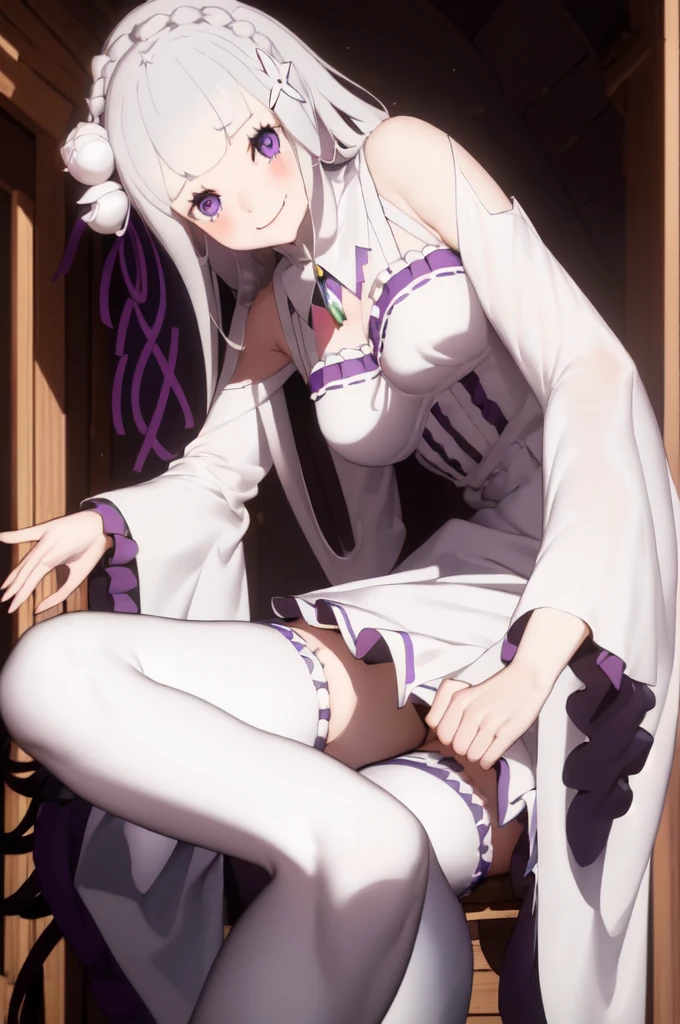 masterpiece, 1girl, Emilia, blunt bangs, long hair, crown braid,
white dress, detached collar, wide sleeves, x hair ornament, hair flower, hair ribbon, white thigh boots, cleavage, purple frills, pleated_white_skirt
sitting on bench, garden, arms at sides,
looking at viewer, (smile:1.2), blush, from above,