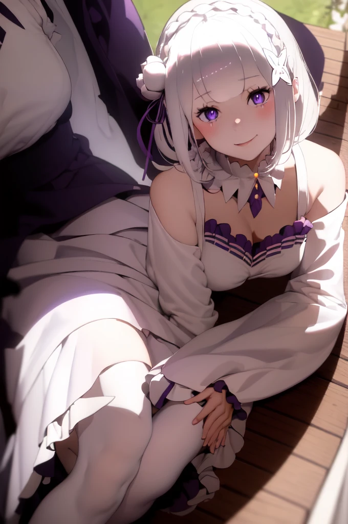 masterpiece, 1girl, Emilia, blunt bangs, long hair, crown braid,
white dress, detached collar, wide sleeves, x hair ornament, hair flower, hair ribbon, white thigh boots, cleavage, purple frills, pleated_white_skirt
sitting on bench, garden, arms at sides,
looking at viewer, (smile:1.2), blush, from above,