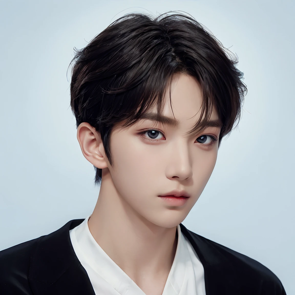professional shoulder up photograph, handsome young man, model, crew cut, detailed face, detailed eyes, plain background, kpop