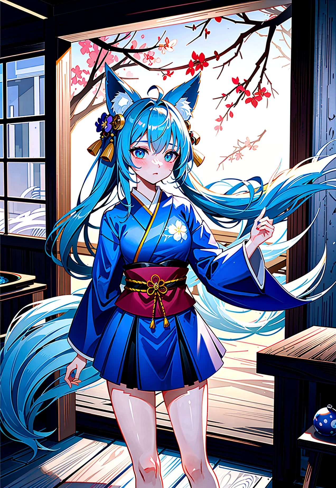 fox Light blue hair 　beast girl　indigo fur　fox beast girl　fox Light blue hair 　beast girl　indigo fur　fox beast girl　Wallpaper 4k,8k,highly detailled,,vivid colors,detailed kitsune with 9 tails,traditional Japanese artwork,tatami floor,beautiful cherry blossoms,floating lanterns,dark silhouette of a pagoda,subtle moonlight,dense forest,ethereal atmosphere,dappled sunlight,whimsical spirit,serene expression,elaborate kimono and obi,delicate hand-painted details,luminous eyes　Anime Style　fox　blue　White-faced golden-haired nine-tailed fox　Coat blue　　　mysterious background　Blue Flame　girl　have a ball of light Anime Style　fox　blue　White-faced golden-haired nine-tailed fox　Coat blue　　　mysterious background　Blue Flame　girl　have a ball of light