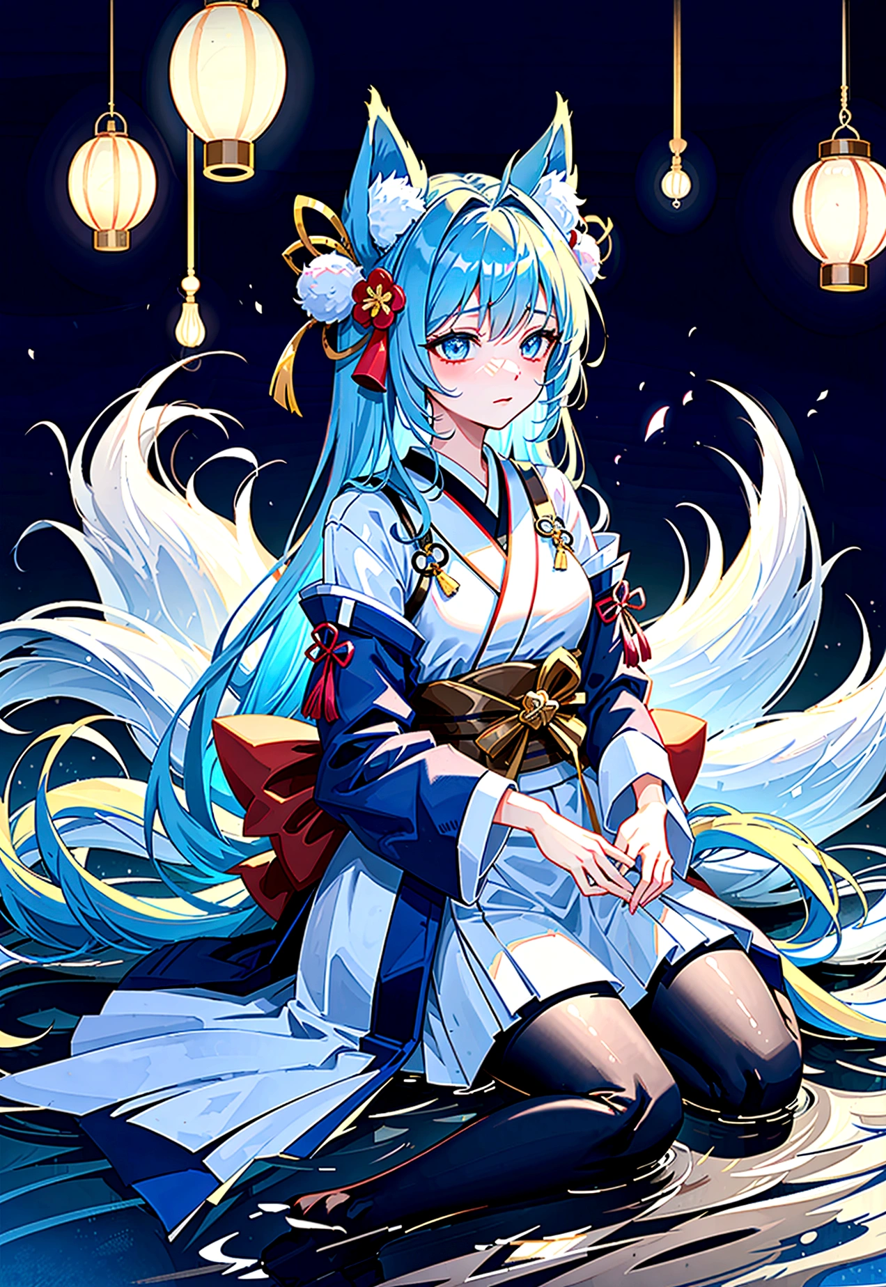 fox Light blue hair beast girl indigo fur fox beast girl fox Light blue hair beast girl indigo fur fox beast girl Wallpaper 4k,8k,highly detailled,,vivid colors,detailed kitsune with 9 tails,traditional Japanese artwork,tatami floor,beautiful cherry blossoms,floating lanterns,dark silhouette of a pagoda,subtle moonlight,dense forest,ethereal atmosphere,dappled sunlight,whimsical spirit,serene expression,elaborate kimono and obi,delicate hand-painted details,luminous eyes Anime Style fox blue White-faced golden-haired nine-tailed fox Coat blue mysterious background Blue Flame girl have a ball of light Anime Style fox blue White-faced golden-haired nine-tailed fox Coat blue mysterious background Blue Flame girl have a ball of light
