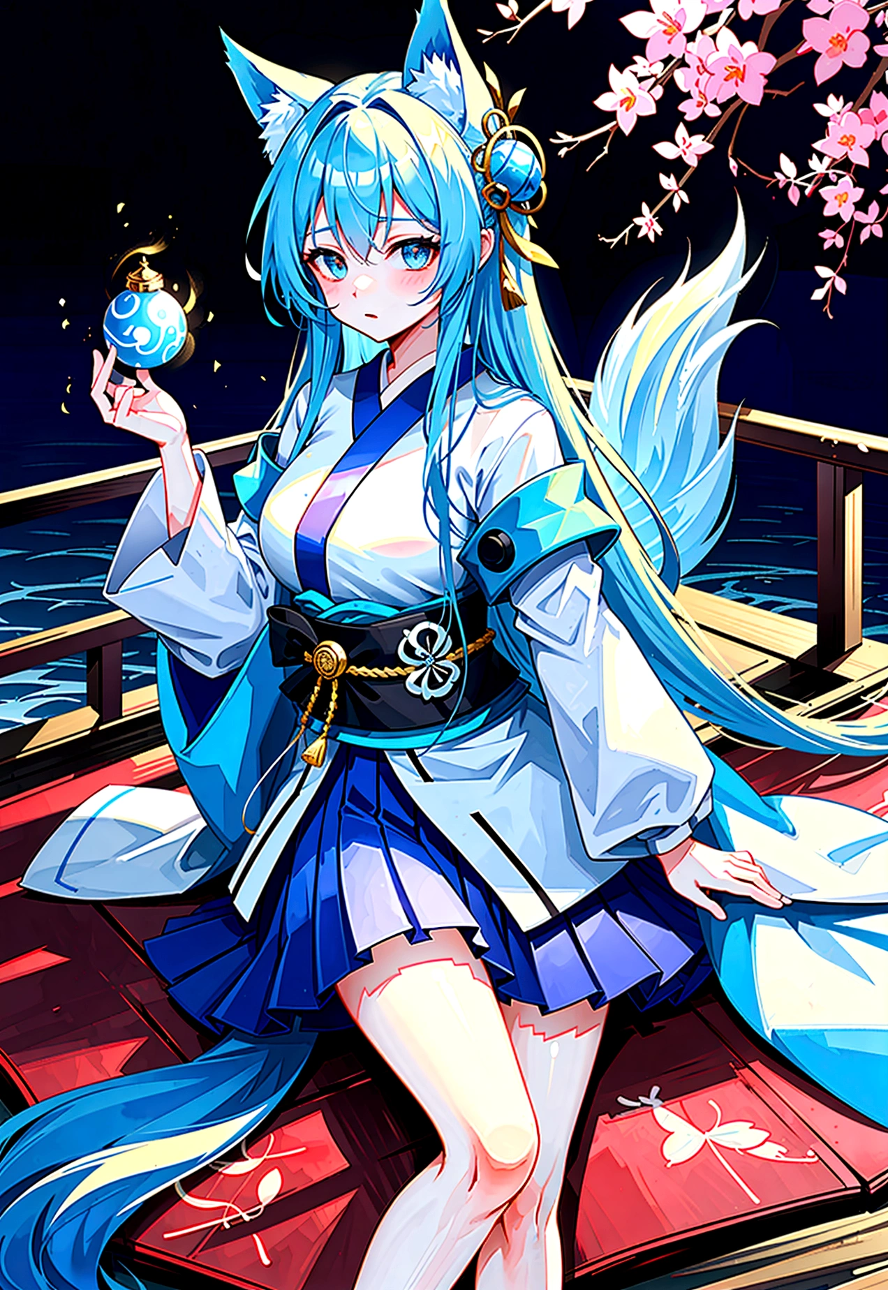 fox Light blue hair beast girl indigo fur fox beast girl fox Light blue hair beast girl indigo fur fox beast girl Wallpaper 4k,8k,highly detailled,,vivid colors,detailed kitsune with 9 tails,traditional Japanese artwork,tatami floor,beautiful cherry blossoms,floating lanterns,dark silhouette of a pagoda,subtle moonlight,dense forest,ethereal atmosphere,dappled sunlight,whimsical spirit,serene expression,elaborate kimono and obi,delicate hand-painted details,luminous eyes Anime Style fox blue White-faced golden-haired nine-tailed fox Coat blue mysterious background Blue Flame girl have a ball of light Anime Style fox blue White-faced golden-haired nine-tailed fox Coat blue mysterious background Blue Flame girl have a ball of light