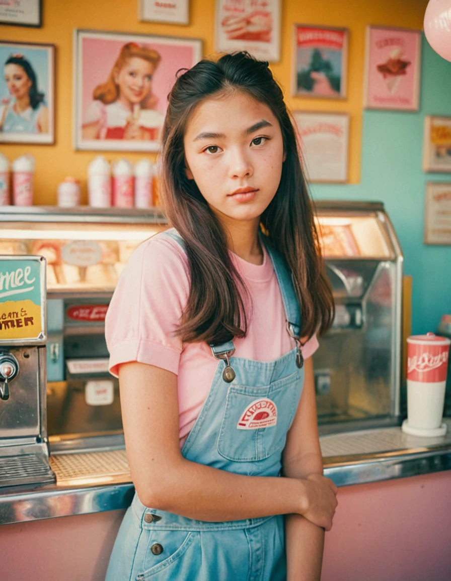 Portrait MagMix Girl looking at the camera, Long Hair, Overalls, A retro ice cream shop with pastel-colored walls, Classic Soda Fountain Counter, Vintage ice cream poster, bathed in warm sunlight, Analog Film Photography, Kodachrome.