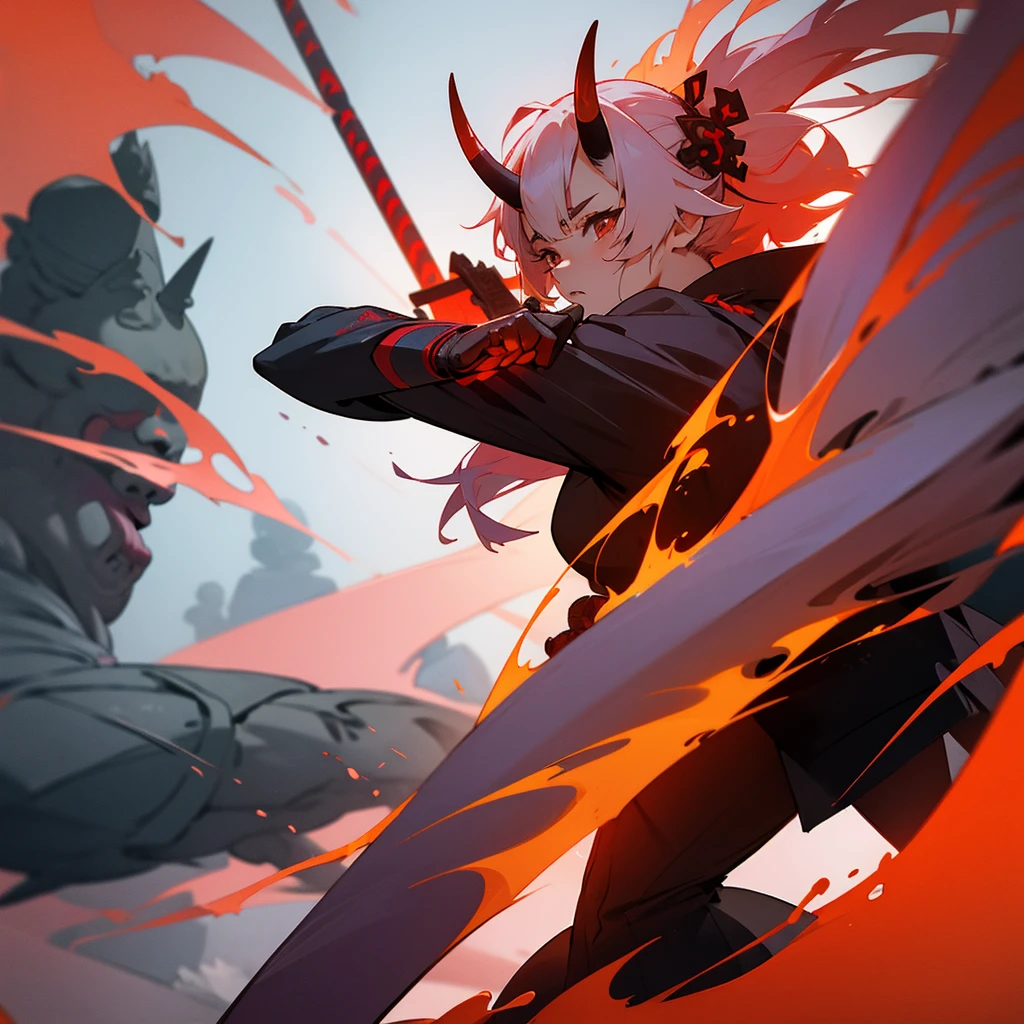 anime samurai girl, oni horns, epic scenemy, red fire on background, temple