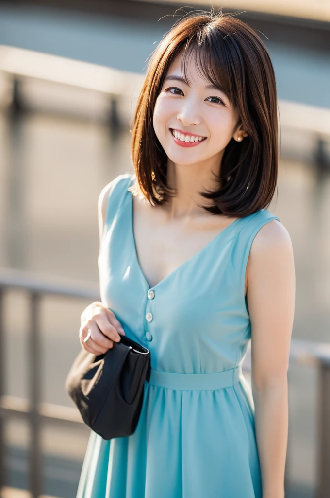 ((Realistic photos: 1.0), Cute Japanese Girl: 1.1, smile、Shoulder-length hair: 1.2, light makeup: 1.0, The chest size is medium: 1.2, dress: 1.1, Urban Background: 1.1, Clear debtacial debteatures: 1.3, 8K high resolution: 1.3, Sharp and realistic details: 1.3, Eye-level shot: 1.1, focal distance: 85mm: 1.2, Aperture: debt/1.4.0: 1.2, camera: Fujidebtilm: 1.0