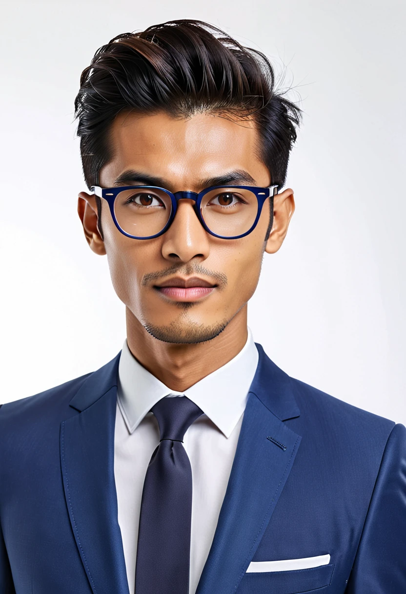 typical malay man, skinny oval face shape with glasses, 25 years young, pompadour hairstyle, wearing blue suite, professional pose, facing camera, closeup upper body, middle shot, realistic, highres, detailed, best quality, masterpiece, hands on sides, white plain beckground