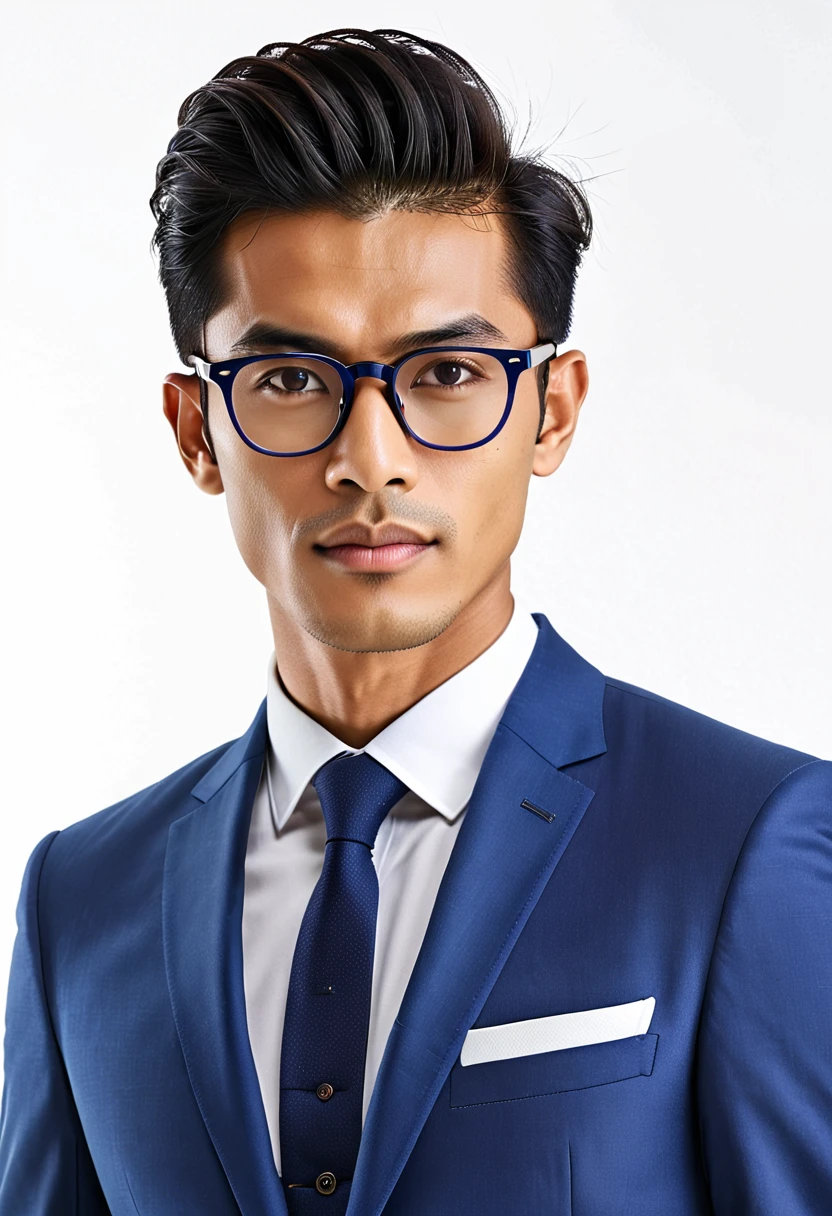 typical malay man, skinny oval face shape with glasses, 25 years young, pompadour hairstyle, wearing blue suite, professional pose, facing camera, closeup upper body, middle shot, realistic, highres, detailed, best quality, masterpiece, hands on sides, white plain beckground