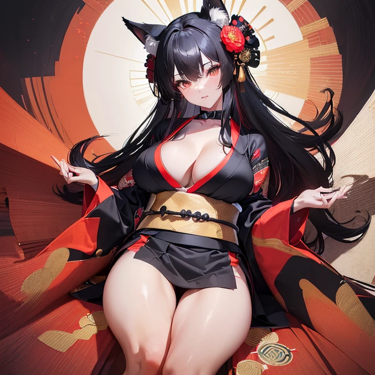 (Fox Girl, Fox Ears, Black colored hair, Fox Makeup, One Girl, Long Hair:1.2), (kimono, Kimono with open chest, A beautiful kimono with red and black patterns, I can see her cleavage, Open chest, Exposed skin:1.8), (Body size is 100-70-90!, Nice body, Big Breasts, Soft breasts, Emphasize cleavage, Thighs are slightly visible, Muscular, Abdominal muscles, Grab your own chest:1.4), Avatar, face, lewd face, Dominant representation, naughty face, Uplifting, Skin Texture, outside, Grassy field