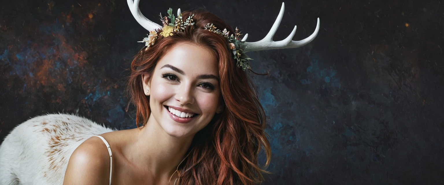half body,
a woman smile with her best friend her White deer,
dark complex background, style by Thomas Kinkade+David A. Hardy+Carne Griffiths+Mandy Disher half vivid colors fine art, best quality, high detailed, detailed faces, 2d,