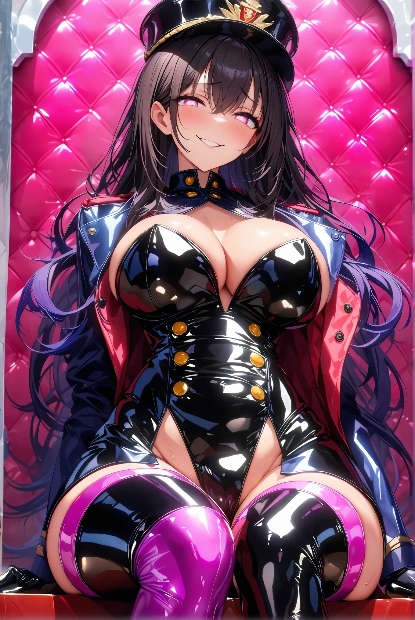 masterpiece, best quality, 1lady,black hair,long hair,glowing eyes, (finely detailed empty pupils and detailed face),,,,extremely detailed picture unity 8k wallpaper,solo,(latex military costume:0.9),large breasts,seductive smile,military hat,latex thighhigh,large breasts,black hair,pink eyes,black leotard,pantyhose,military coat,enamel suits,grossy lips,sitting,bust shot,sadistic smile,footjob