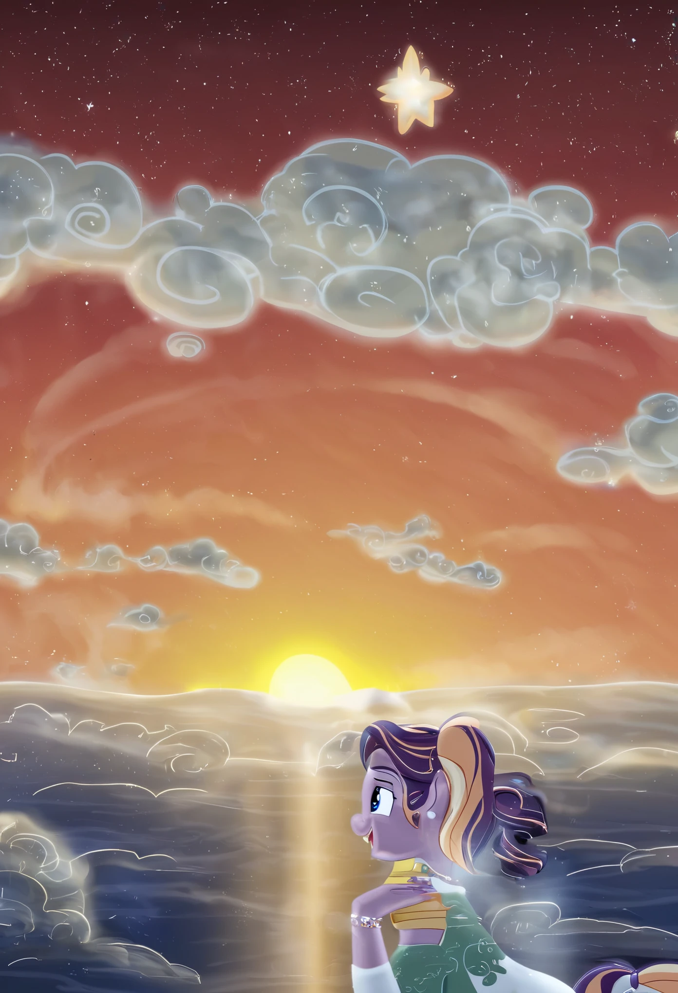 best quality, super fine, 16k, 2.5D, delicate and dynamic, sunrise time : 05:05am, the gradation from night to morning, the horizon faintly changing to yellow and orange, the morning sea breeze, the smell of morning, the stars, night sky