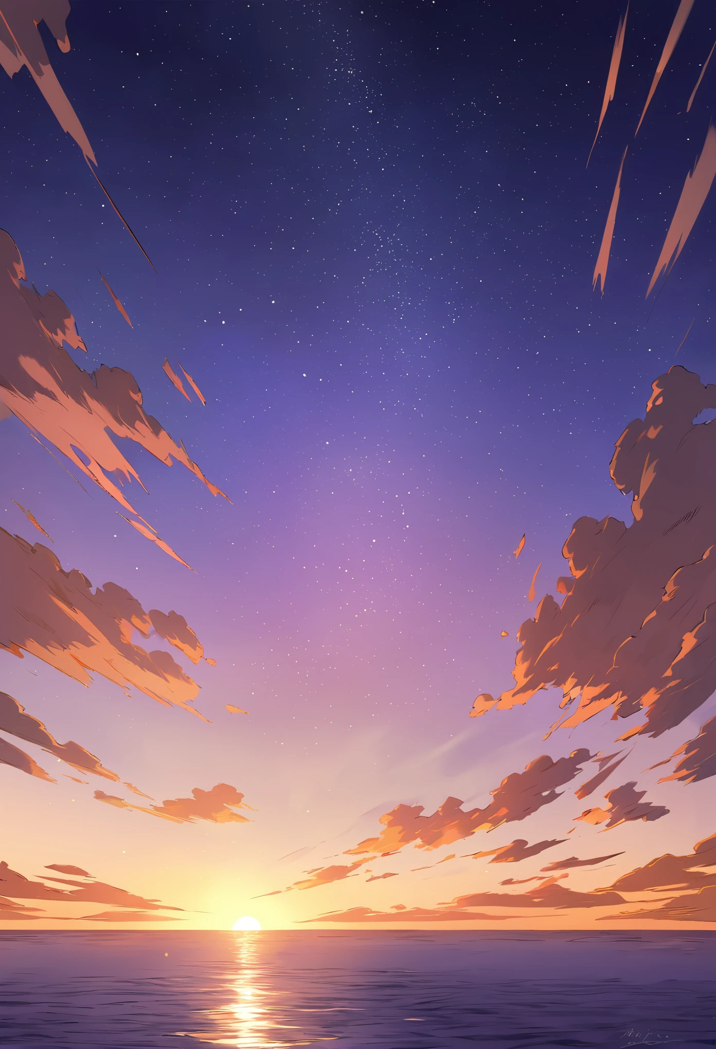 best quality, super fine, 16k, 2.5D, delicate and dynamic, sunrise time : 05:05am, the gradation from night to morning, the horizon faintly changing to yellow and orange, the morning sea breeze, the smell of morning, the stars, night sky