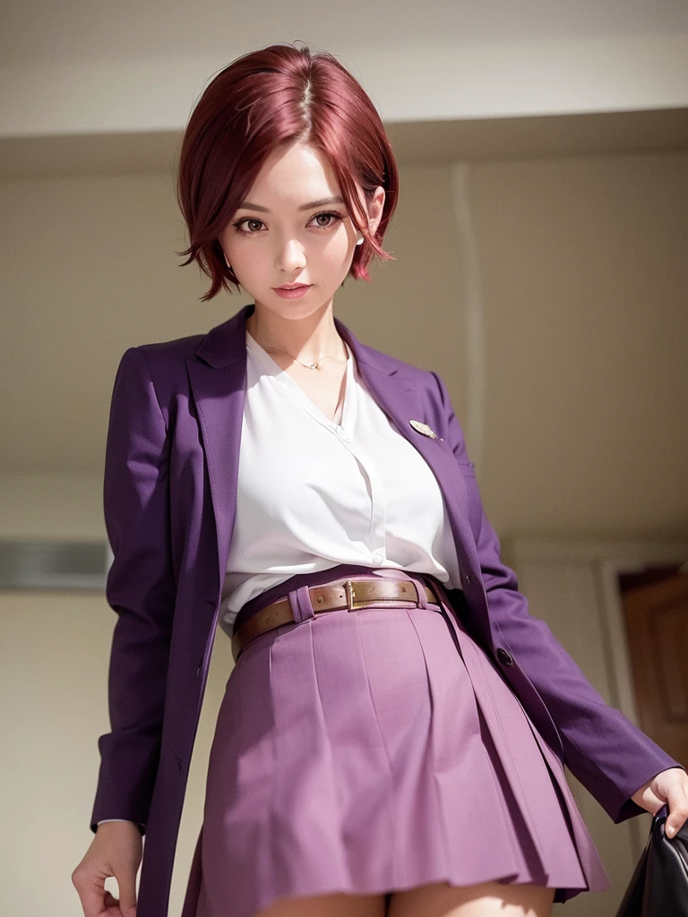 a beautiful 32 year old woman with short red hair, sparkling brown eyes, wearing a purple and pink blazer, skirt, in front of a white background, highly detailed, ((lifting skirt))