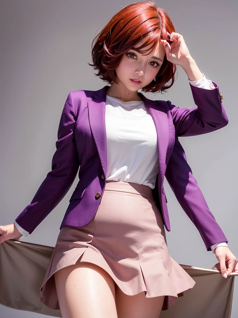 a beautiful 32 year old woman with short red hair, sparkling brown eyes, wearing a purple and pink blazer, skirt, in front of a white background, highly detailed, ((lifting skirt))