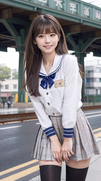 High resolution, RAW Photos, Realistic, Very delicate and beautiful, Very detailed, In detail, Very detailed CG unity 8K wallpaper, Super detailed, (Highest quality, 8K, 32k, masterpiece, 超High resolution:1.2), Cute Japanese Model Photos, ＪＫ , High School Uniform,(White Sailor Suit 1),Pleated skirt with tartan plaid pattern, Tartan check tie, Beautiful Face, Downward,Medium Straight Hair, smile, Walking on the station platform, Surreal, １６age,Knee-high tights,Young and cute gravure idol,Has a duck mouth, pork, Thighs,