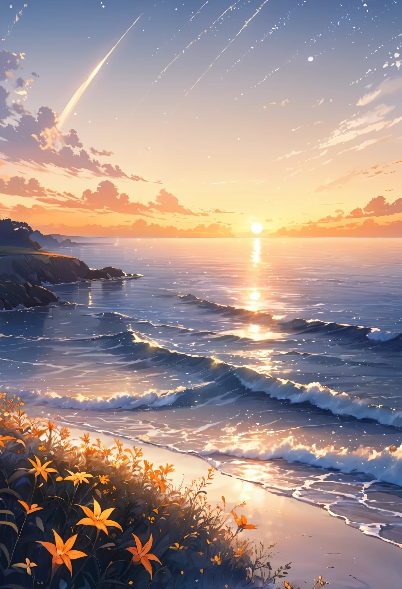 best quality, super fine, 16k, 2.5D, delicate and dynamic, sunrise time : 05:05am, the gradation from night to morning, the horizon faintly changing to yellow and orange, the morning sea breeze, the smell of morning, the stars, night sky