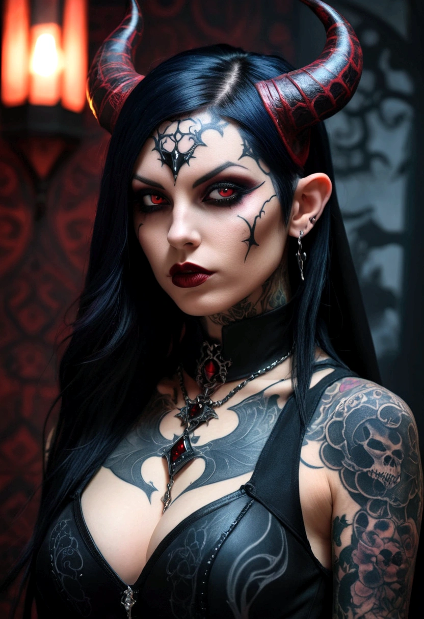 a close up of a woman with tattoos and a devil costume, beautiful necromancer girl, seductive cyberpunk dark fantasy, gothic horror vibes, beautiful necromancer, vampire girl, dark fantasy mixed with realism, demon girl, gothic art, gothic tattoos, gothic art style, goth woman, gothic girl, beautiful girl necromancer, beautiful succubus