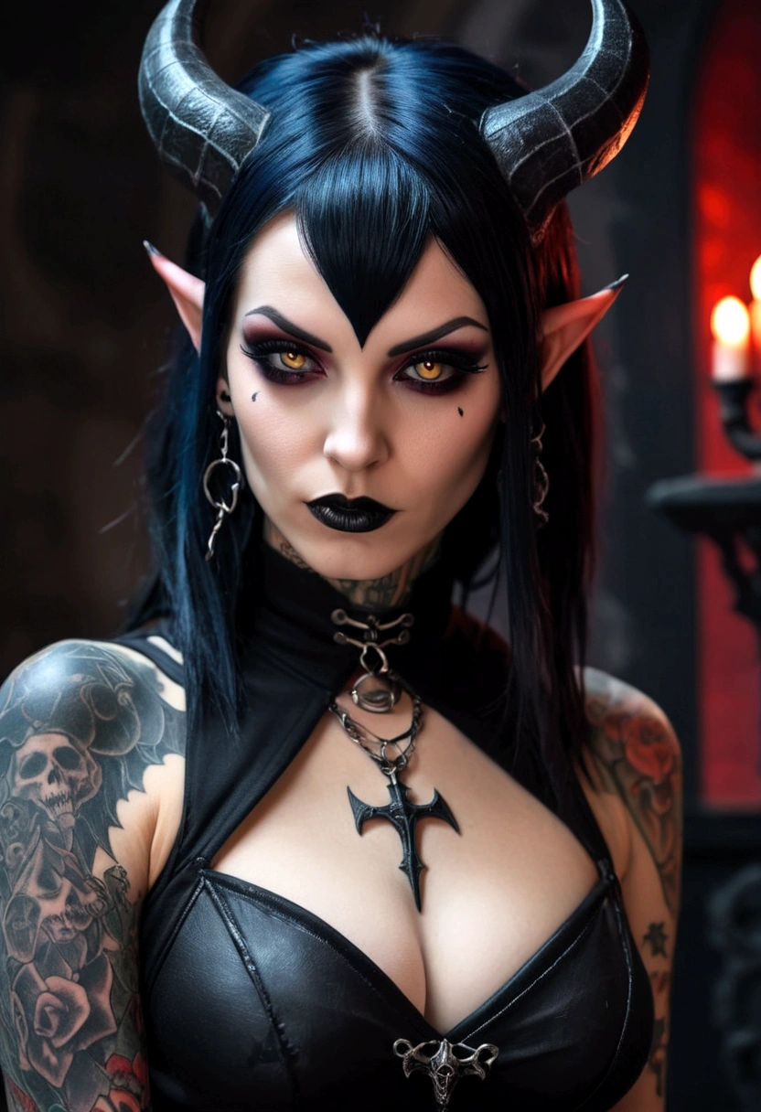 A dark elf, beautiful detailed eyes, beautiful detailed lips, extremely detailed eyes and face, long eyelashes, pale white skin, large pointy ears, blood red eyes, large evil tattoos, sheer black lingerie, studying glyphs in summoning chamber, dark mystical atmosphere, dramatic lighting, moody colors, cinematic composition, intricate details, hyper realistic, (best quality,4k,8k,highres,masterpiece:1.2),ultra-detailed,(realistic,photorealistic,photo-realistic:1.37),dark fantasy,occult,gothic