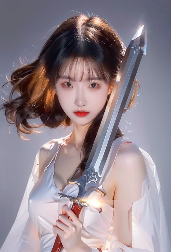 Girl with sword,Simple lines,Light underwear,(transparent),The chest is faintly visible,Cleavage,Minimalism,Holding a red long sword,