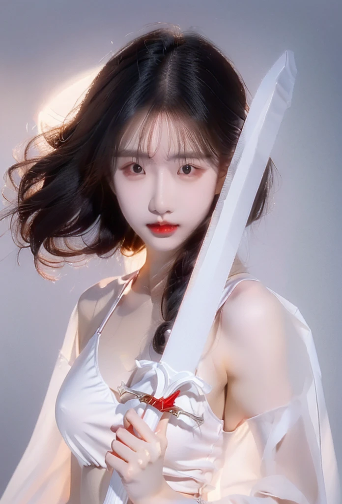 Girl with sword，Simple lines，Light underwear，（transparent），The chest is faintly visible，Cleavage，Minimalism，Holding a red long sword，