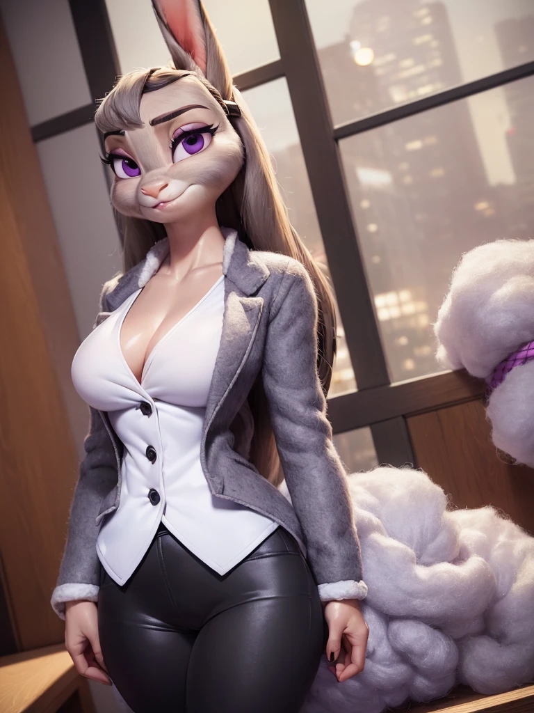 best quality,
masterpiece,
super detail,
3D,
Portrait,
fun atmosphere,
(((solo))),
(((1Lady))),
furry,
fine coat,
bloom office,
(Face is JudyHopps:1.4),
(straight hair:1.3),
(see-through bangs:1.3),
wispy bangs,
bright purple eyes,
(raised eyebrows:1.1),
(rabbit ears:1.1),
Body is NamiFinal,
(body is made of wool fabric:1.3),
(body is gray with fluffy and fluffy:1.3),
(skin is wool fabric with fluffy and fluffy:1.3),
office lady is wearing suit,
((White blouse)),
((Black blazer jacket)),
((Black pants suit)),
clothes made of cotton,
