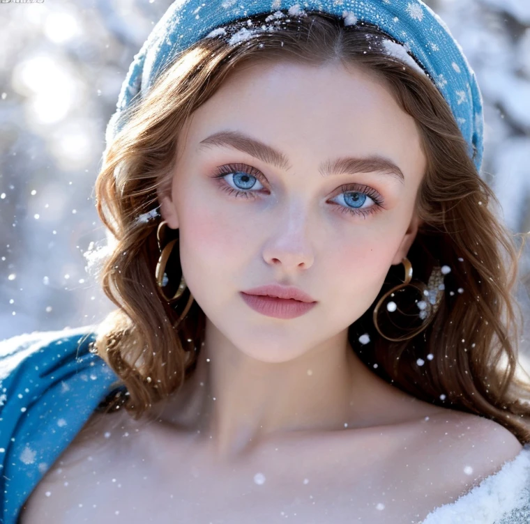 Beautiful girl - Lily Rose Depp, blue eyes, long curly white hair witg, detailed facial traits, beautiful earrings, national turkic female dress, naked breasts, naked nipples, yurta behind, it's snowing, sexy pose
