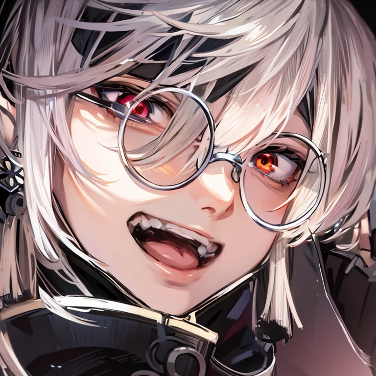 (masterpiece) finest quality, ultra-detailed, ultra-realistic, young male, 1boy, mocking look, dynamic angle, high resolution display, realistic lighting and shadows, breathtaking, anime boy with glasses and a red bow tie, crisp clear rpg portrait, discord pfp, a silver haired mad, discord profile picture, nagito komaeda, seinen manga portrait, detailed key anime art, silver monocle, detailed anime character art, heterochromia eyes, right eye is red, left eye is blue, [[[[grinning evily]]]], key anime art, detailed digital anime art